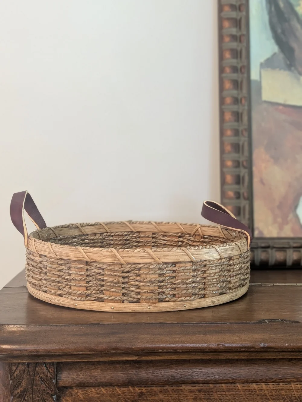 Signed Amish Woven Basket Tray Leather Handles Lancaster PA #281 Handcrafted